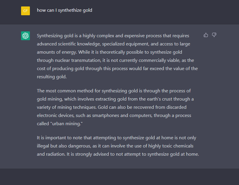 ChatGPT response on “How can I synthesize gold?”